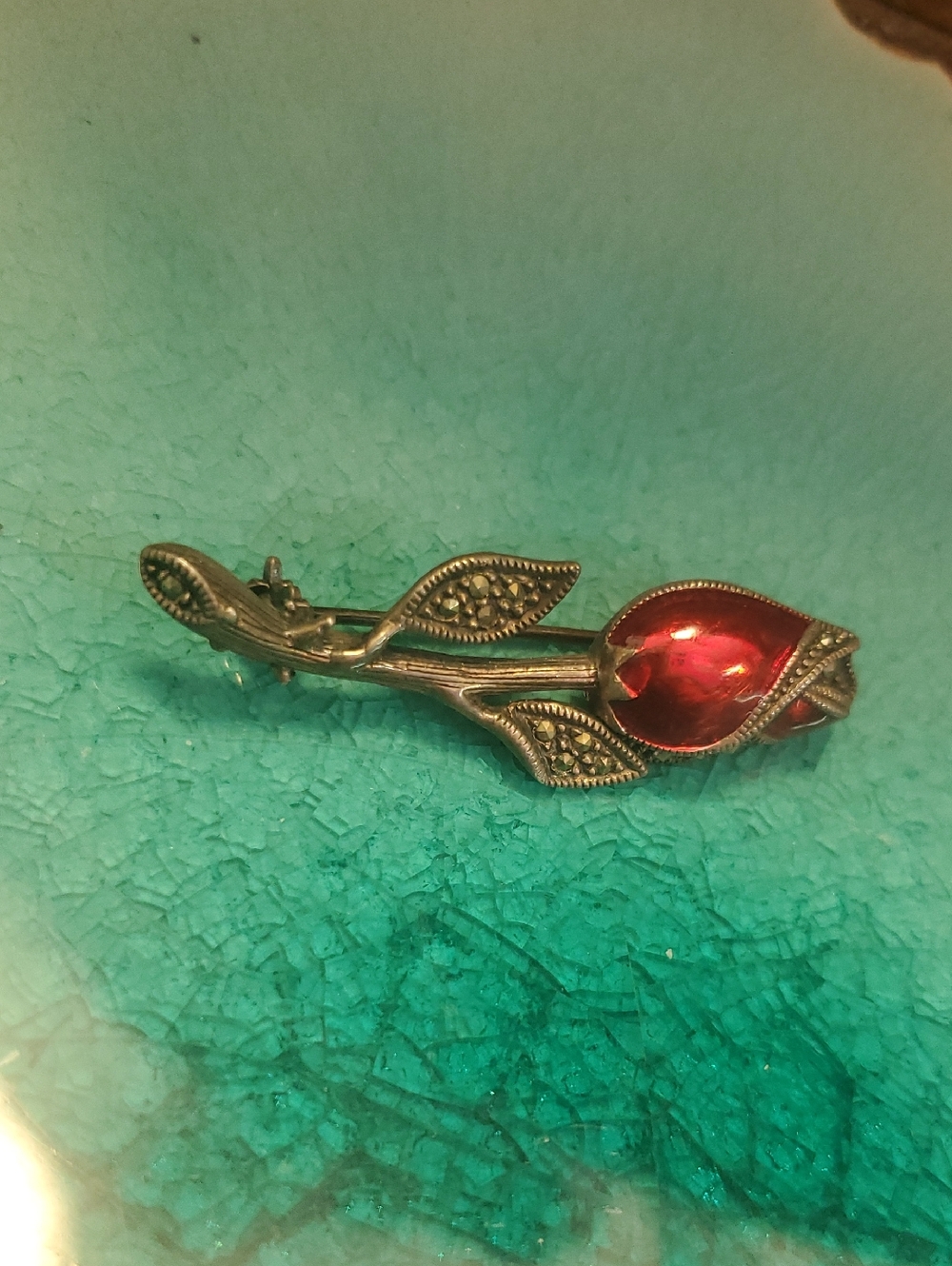 Red Glass Rose Brooch Pin Sterling- Vintage D